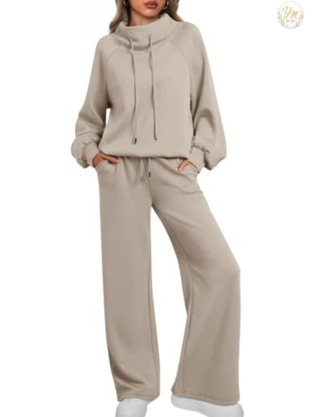 Womens Lounge Set Mock Neck 2 Piece Sweatsuit Scuba Knit Drawstring Wide Leg